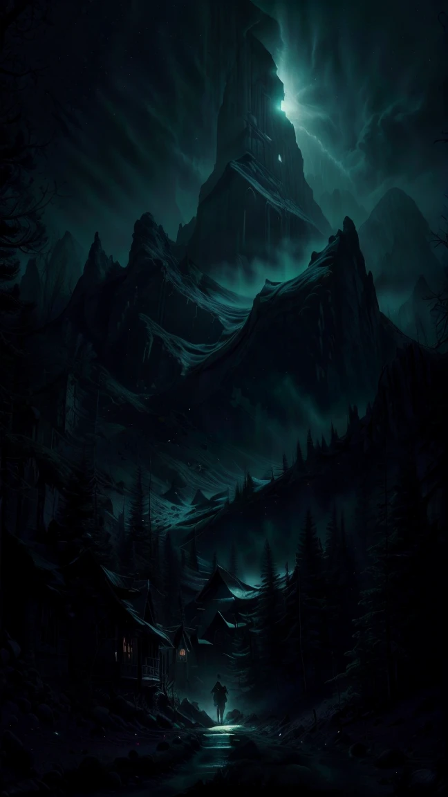 A spooky scene in the mountains at night with thick fog. The beam of a flashlight held by a hand is illuminating the ground, while the rest of the scene is lit by moonlight. The hand holding the flashlight is visible in the image, but the rest of the body is not shown. The atmosphere