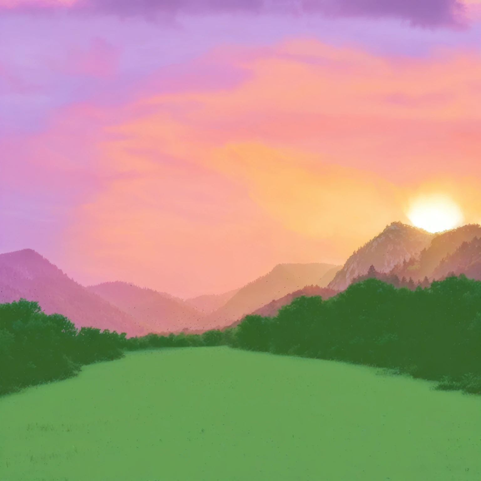 A beautiful sunset over a mountain surrounded by a forest and a field 