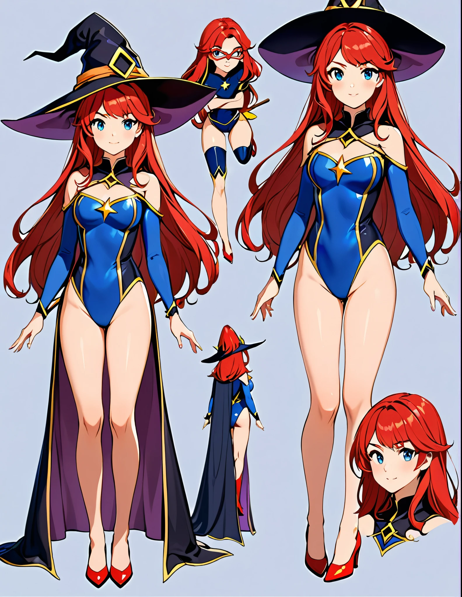 1girl, high school student, superhero, superhero sorceress witch, sky witch, leotard, blue leotard with white accents, bare legs, blue thigh-highs, red high heels, witch hat, red hair, long hair, blue eyes, beautiful detailed eyes, beautiful detailed face, cute face, medium breasts, age 16-18, solo, solo focus, wonder, Simple background, Multiple Views, Character Sheet Full-Length,