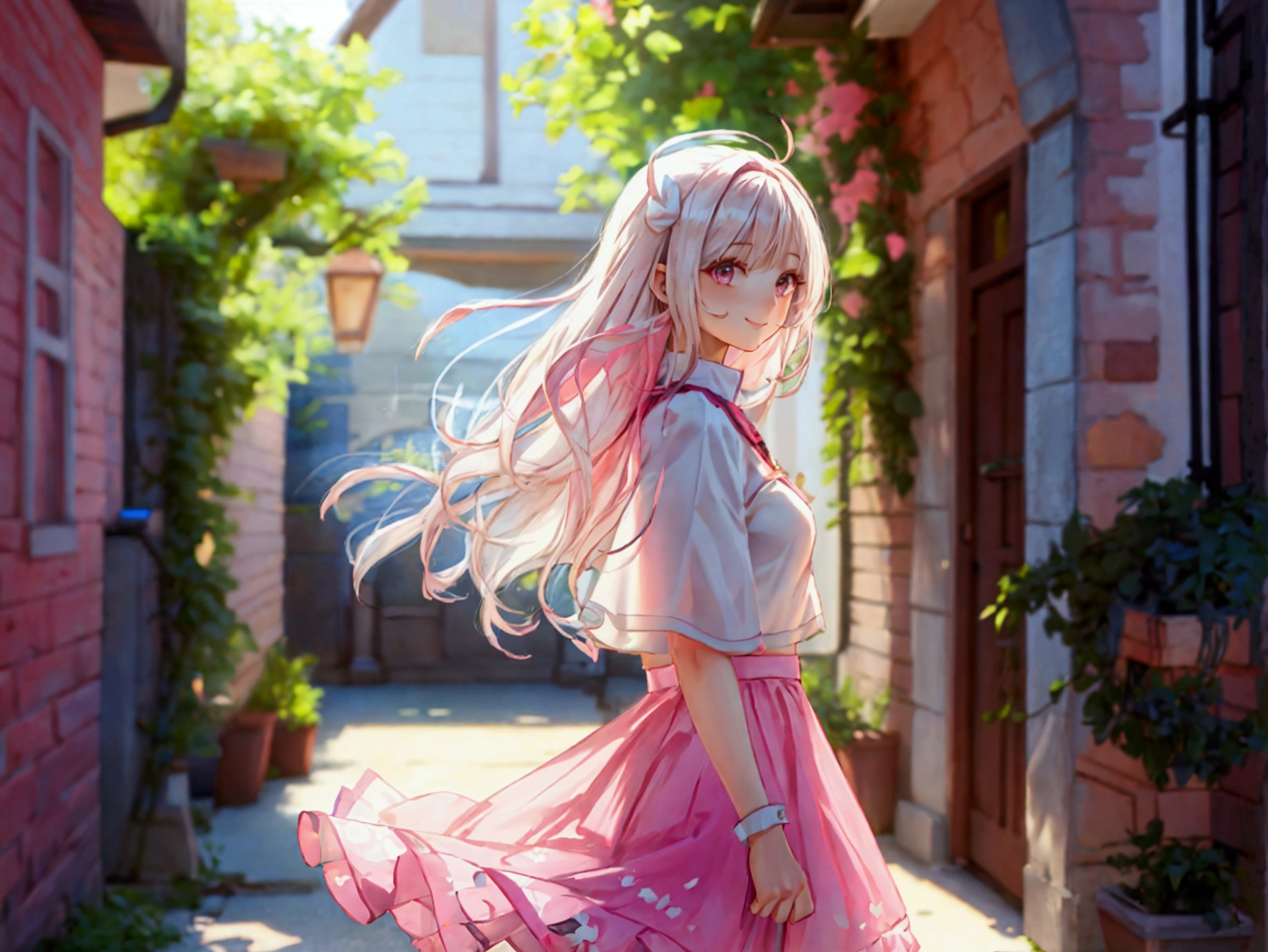 Beautiful woman, White blouse, Pink Skirt, outside of home, Walking,Disheveled long hair, Very well, A cheerful smile, View from the side, Long Shot, Ultra HD, Realistic, Bright colors, Attention to detail, UHD rendering, Perfect composition,
