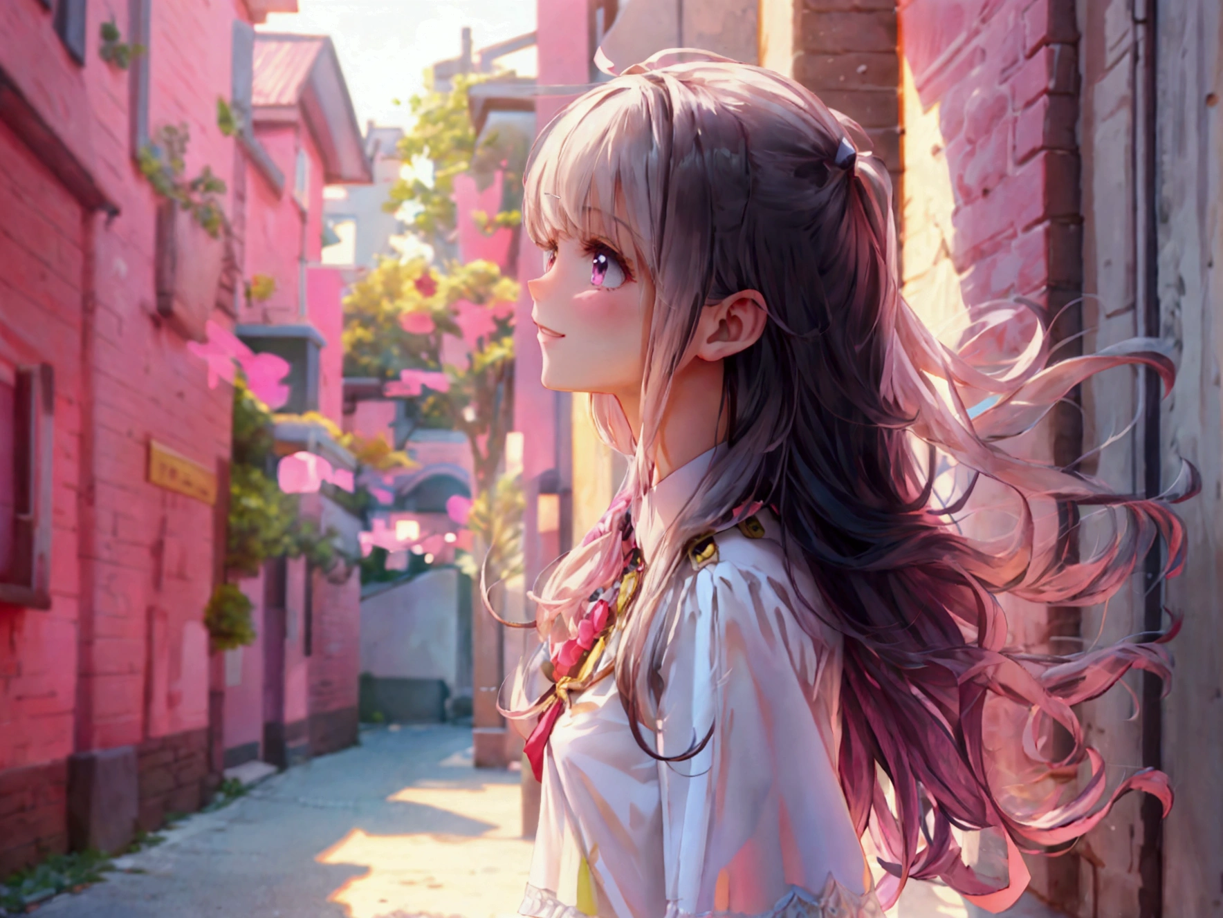 Beautiful woman, White blouse, Pink Skirt, outside of home, Walking,Disheveled long hair, Very well, A cheerful smile, View from the side, Long Shot, Ultra HD, Realistic, Bright colors, Attention to detail, UHD rendering, Perfect composition, 