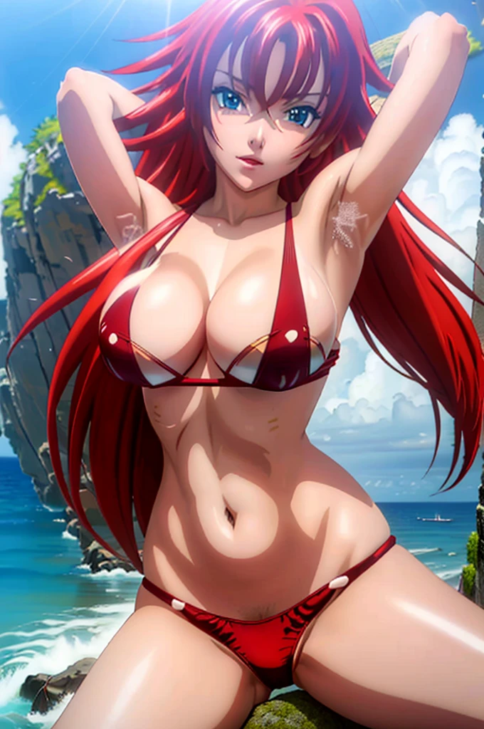 masterpiece.ultra quality,full details.perfect face.perfect natural .full figure. expressive eyes.1woman.scarlet red  hair,side.blue eyes.medium , standing on a rock huge ocean's waves behind her.,shell bikini, shell bra, shell panties,shell bikini, shell bra, shell panties,