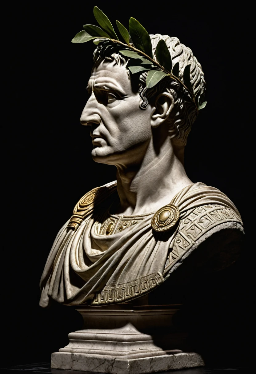 Side view of a Julius Caesar roman bust with a Laurel Wreath on top of it's head, hightlighted with a spotlight and dark background