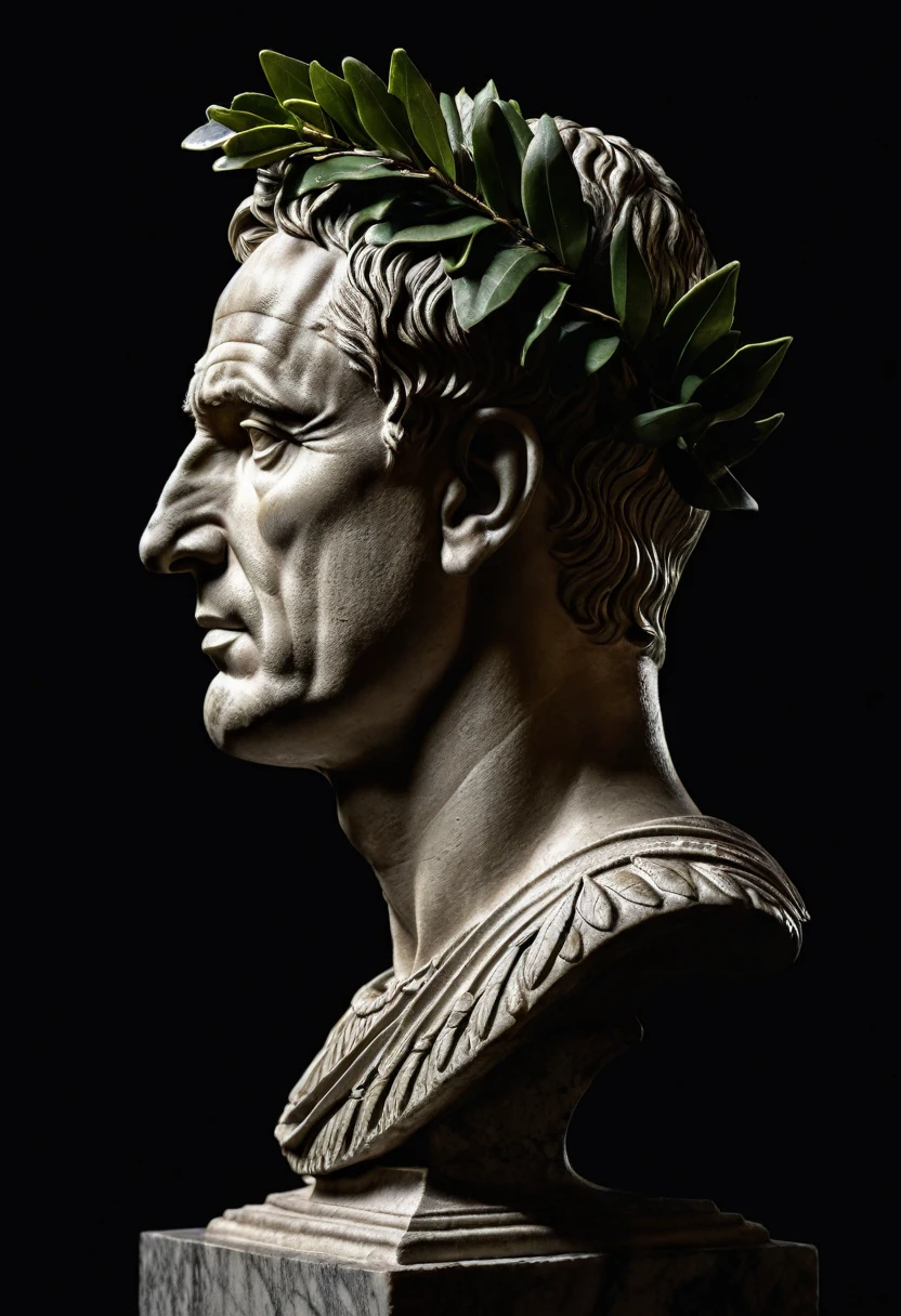 Side view of a Julius Caesar roman bust with a Laurel Wreath on top of it's head, hightlighted with a spotlight and dark background