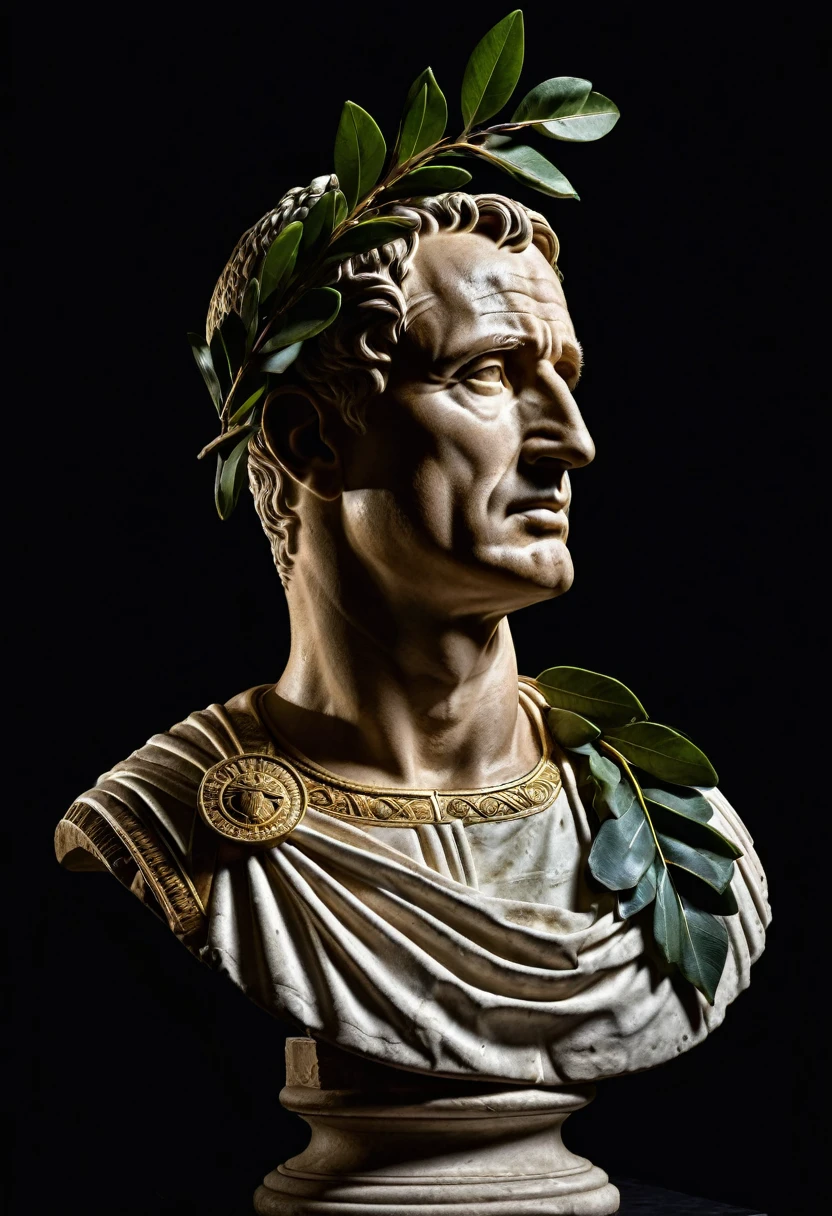 Side view of a Julius Caesar roman bust with a Laurel Wreath on top of it's head, hightlighted with a spotlight and dark background