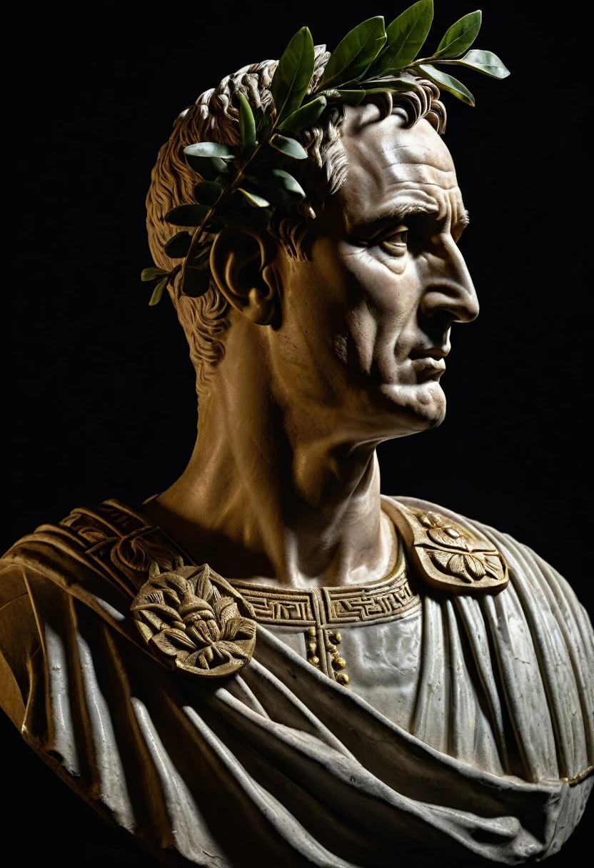 Side view of a Julius Caesar roman bust with a Laurel Wreath on top of it's head, hightlighted with a spotlight and dark background