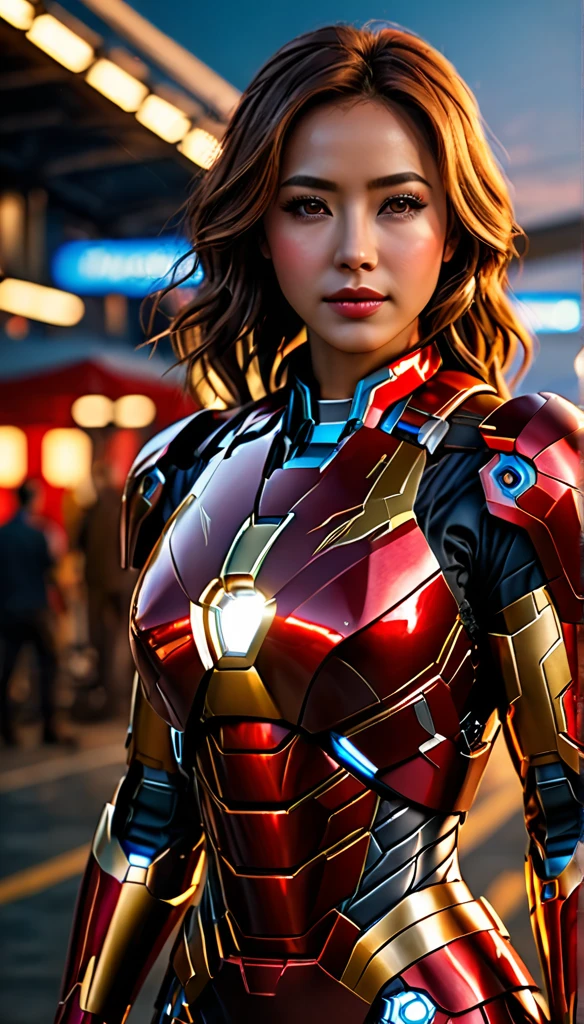 (dynamic lighting), (75mm), (realism), ((realistic:1)), (depth of field:1), (UHD), (32k))), (Mastepiece), (highres, high resolution), (Advanced facial details:1), ((shiny skin)), (photorealistic:1), (dslr), (soft lighting), (high quality), (clearly face:1.0), (full body shot), (full body portrait:1.5), (finely detailed face:1.0), (top quality), (Best Quality:1), (1girll:1.3)、offcial art、Unity 8k wallpaper、ultra - detailed、Beauty and aesthetics、(with revealing breasts), Fantastical Atmosphere、calm color palette、tranquil mood、soft shade,Bare lower body,Background with:aerodrome,Planes,Iron Man,((Wearing:Iron Man uniform,Armour,Gold wire embroidery)),