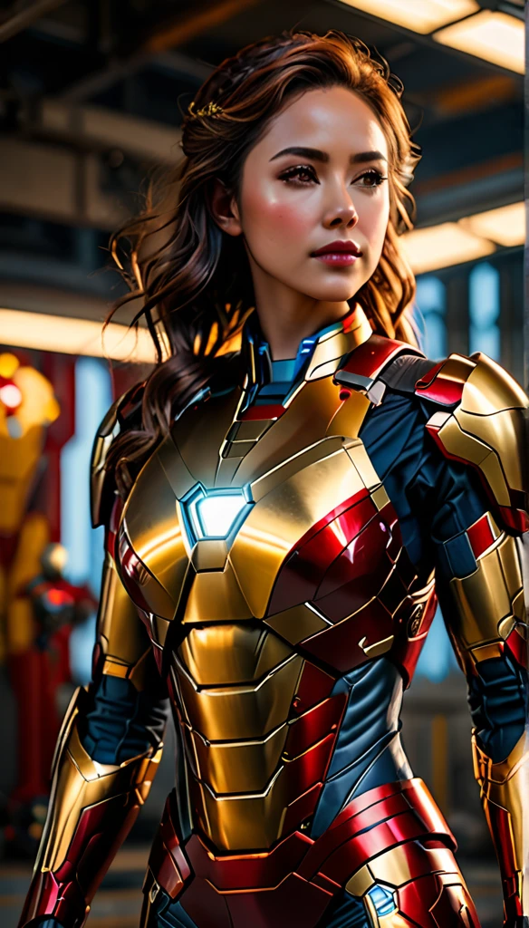 (dynamic lighting), (75mm), (realism), ((realistic:1)), (depth of field:1), (UHD), (32k))), (Mastepiece), (highres, high resolution), (Advanced facial details:1), ((shiny skin)), (photorealistic:1), (dslr), (soft lighting), (high quality), (clearly face:1.0), (full body shot), (full body portrait:1.5), (finely detailed face:1.0), (top quality), (Best Quality:1), (1girll:1.3)、offcial art、Unity 8k wallpaper、ultra - detailed、Beauty and aesthetics、(with revealing breasts), Fantastical Atmosphere、calm color palette、tranquil mood、soft shade,Bare lower body,Background with:aerodrome,Planes,Iron Man,((Wearing:Iron Man uniform,Armour,Gold wire embroidery)),