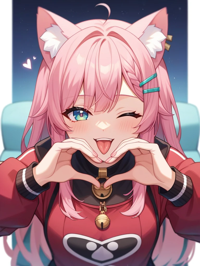 Adult, Female, long pink hair, winking, tongue out, heart hands, vtuber, otaku bedroom, Masterpiece, Accurate, Anatomically Correct, Best Quality, High Details, Detail, Super Detailed, Best detail, Perfect detail, Amazing detail, [-3, 3], perfect hands, best hands, best fingers, perfect fingers, perfect body, best body, amazing body, Looking at viewer, front facing, upper body shot, Cat Ears, Close-Up, 