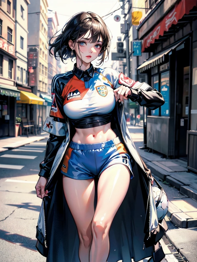 absurdres, RAW photo, extremely delicate and beautiful, masterpiece, Best Quality, ultra high resolution, 32k, hyperrealistic, ultra-detailed, perfect anatomy, anatomically correct, perfect figure, Perfect Style, Perfect balance, super Detailed skin, in her 30s, very Slim body, narrow waist, very small head, very small face, delicate facial features, handsome detailed woman, very detailed eyes and face, realistic face proportions, Realistic beautiful face, Realistic beautiful eyes, tearful mole, earring, very huge round tits, full body shot, bare legs, bare feet, medium hair, outdoor, (soccer Jersey:1.2), shorts,