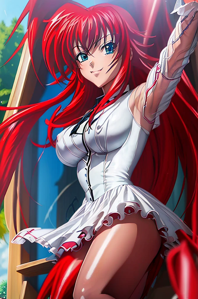 ((master piece)) , (High School DxD) , ((Rias Gremory)) , (red hair) , (long hair) , (blue eyes) , (detailed art style) , (highly detailed) , (finely detailed) , (beautiful girl) , ((photo realistic)) , latex dress , light smile, outdoors, ,ltxdr3ss