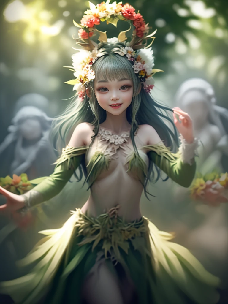 generate a group of mystical forest spirit girls with wreaths of flowers on their heads with pale skin dancing in a circle, adorable smile, cute teeth, masterpiece