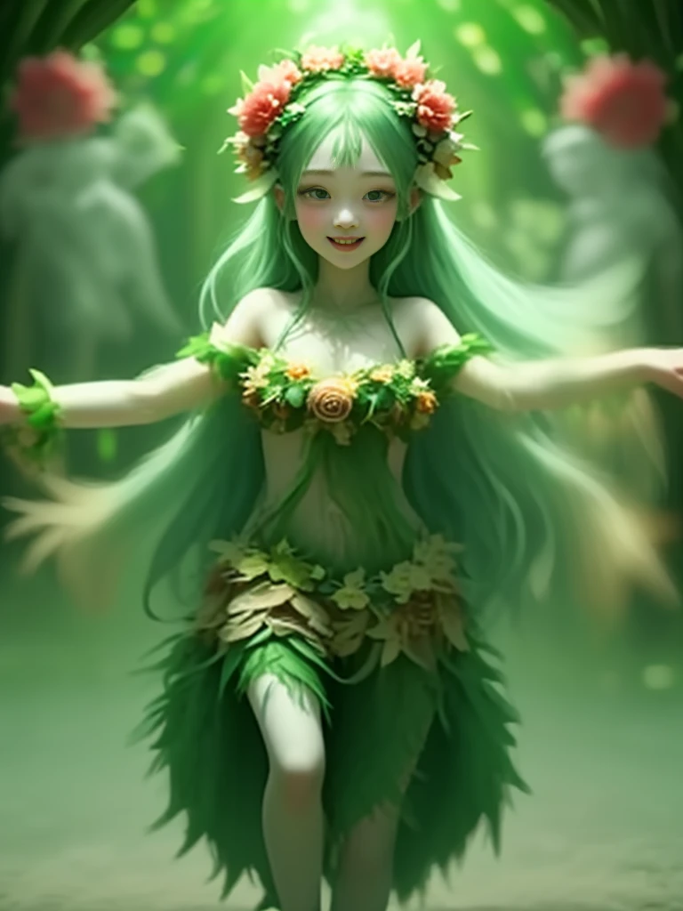 generate a group of mystical forest spirit girls with wreaths of flowers on their heads with pale skin dancing in a circle, adorable smile, cute teeth, masterpiece