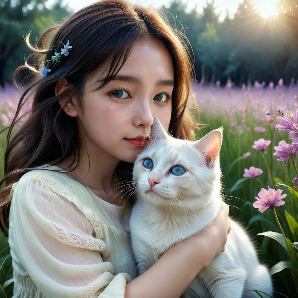 Girl with Cat, a beautiful girl with a cat, girl with a cute cat, girl petting a cat, girl in a flowery meadow with a cat, girl in a dreamy landscape with a cat, girl in a fantasy forest with a cat, photorealistic portrait of a girl and her cat, highly detailed digital painting of a girl and her feline companion, girl cuddling a cat in a serene natural setting, girl playing with a cat in a whimsical outdoor scene, (best quality,4k,8k,highres,masterpiece:1.2),ultra-detailed,(realistic,photorealistic,photo-realistic:1.37),vivid colors,intricate details,natural lighting,warm color palette,soft focus,beautiful detailed eyes,beautiful detailed lips,extremely detailed eyes and face,longeyelashes,1girl,cat,flower field,fantasy landscape,vibrant colors,depth of field,cinematic lighting
