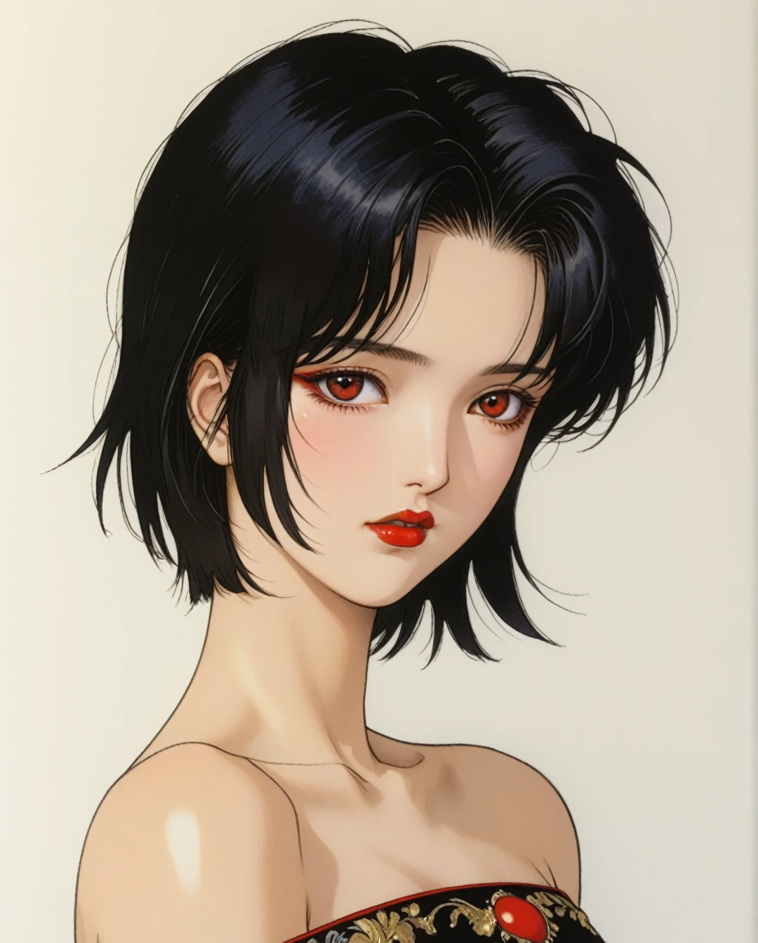 Art style by Yoshitaka Amano, Art style by Takato Yamamato, Art style by Ayami Kojima, (Masterpiece, Top Quality, Super Detail, High Resolution, Best Illustration), 1990s (style), 1980s (style), retro art style, 1girl, solo, upper body, looking at viewer, white background, bob cut, short hair, black hair, makeup, parted lips, red lips, eyeliner,