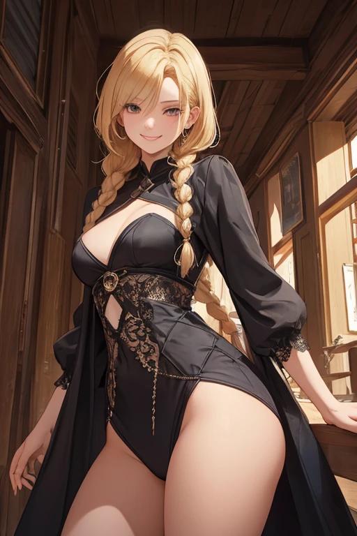 A beautiful blonde woman with three braids and deep red eyes, gazing condescendingly at the viewer with a cute grinning expression, extremely detailed and realistic, masterpiece quality, ultra-detailed, HDR, studio lighting, vivid colors, physically-based rendering, thick thighs, Thief