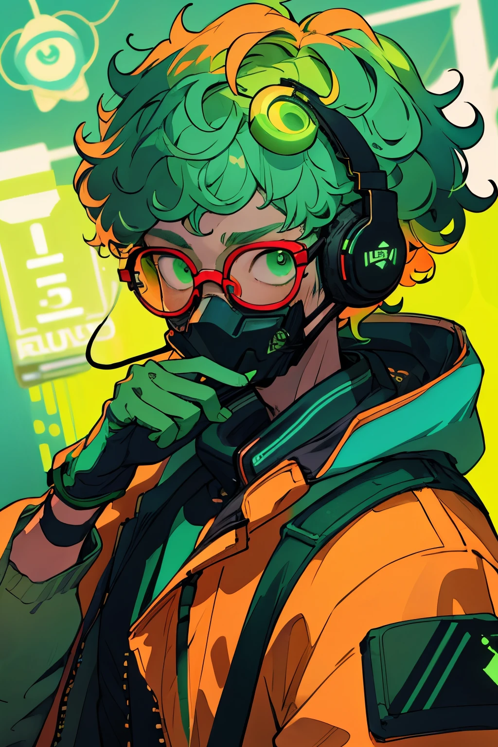 Kpop boy inside a tradingroom, green gloves, face mask, looking at a trading chart, cool colorful jacket, listening to his headphones, green messy curly hair, neon glowing style, cool background, young.far and near method, 3D Rendering, He is explaining the trade.,Glasses