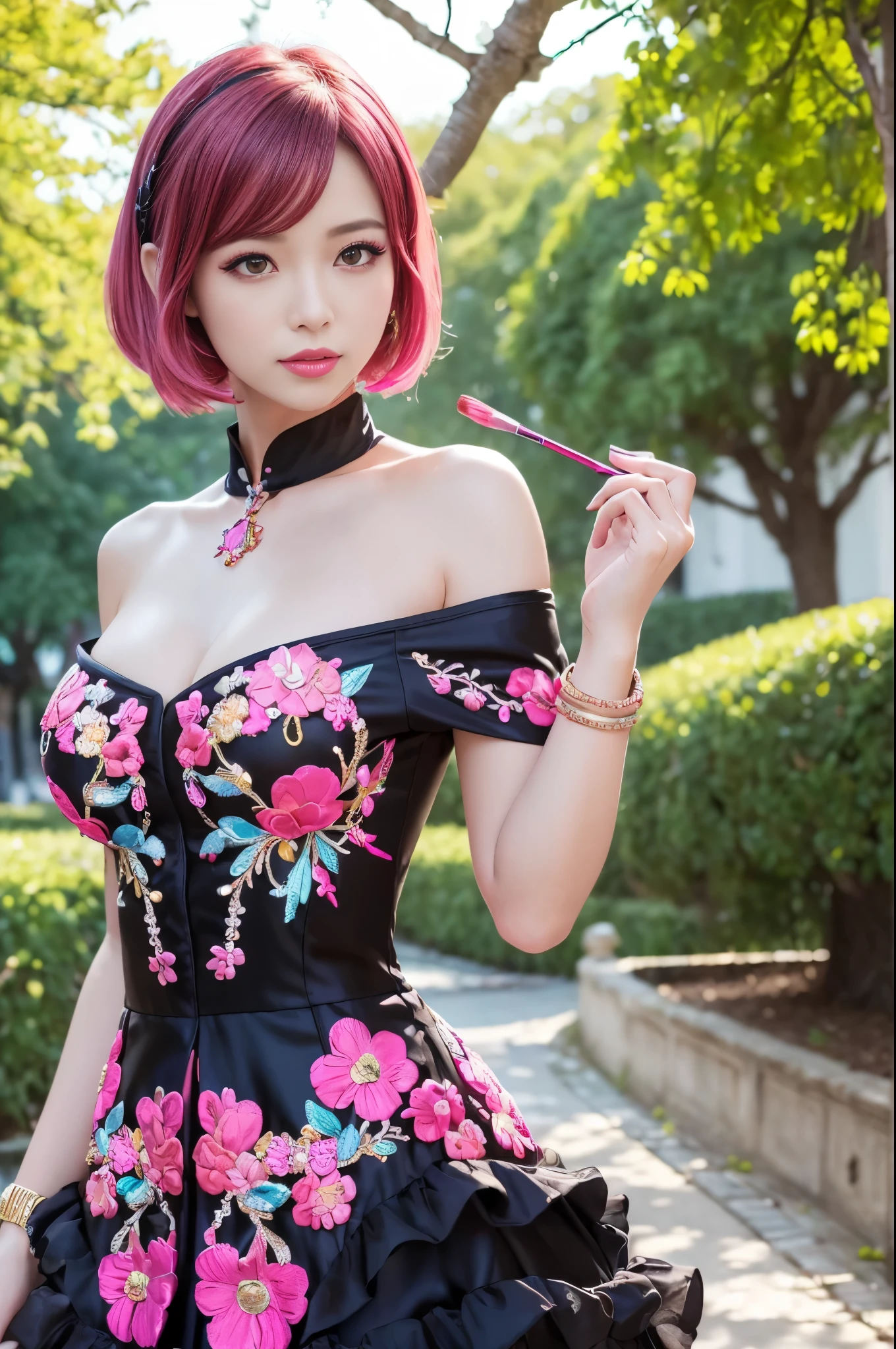 (masterpiece:1.4), (best quality:1.4), ultra high res, ultra high resolution, ((detailed facial features)), HDR, (realistic, photorealistic, photo-realistic:1.37), full body Esbian, sexy Vietnamese model, (-anime), vivid colors, ((vivid colors multicolor (red, pink, fuchsia) very short hair)), (happy smile), lip-gloss, long lashes, ultra detailed metallic makeup, defined eyebrows, wearing large sparkling colorful jewelery, wearing a red silk Paradise Kiss cosplay dress with black floral embroidery, ((vivid colors outfit)), vivid colors, look at the camera, cinematic light, large park background with trees, sweet and sexy pose