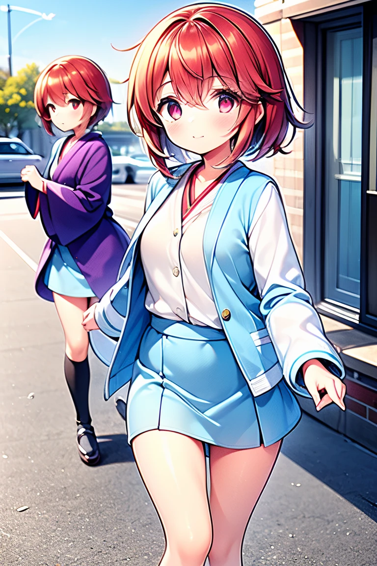 1 tall lady and 1girl are running in the street at noon. the lady who has red hair, red eyes, purple kimono, long sleeves, wide sleeves, red flower markings, flower print, yellow bow. the girl who has odd eyes, a light blue right eye, a red left eye, light blue short hair, white long sleeve shirt, light blue vest, light blue miniskirt with white warm front pattern