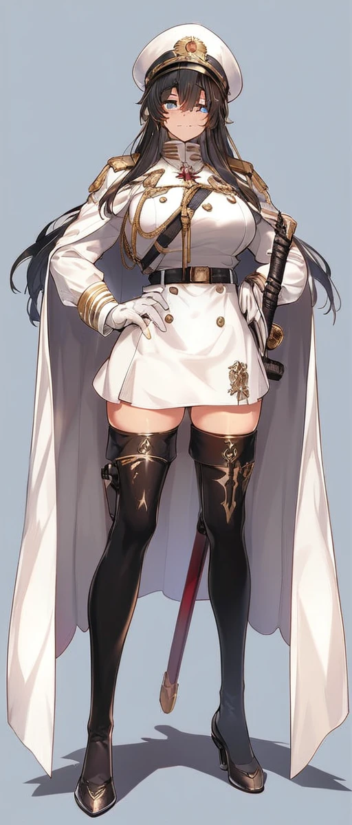 commander anime girl, white commander clothes, 18 years old, tall, medium length blonde hair, blue eyes, eye patch, a right mechanical arm, sitting at the head of a large and long covenant table, white commander hat, 8K