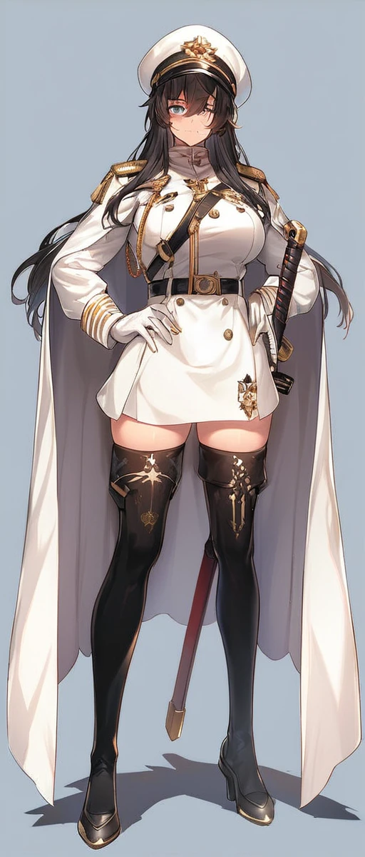 commander anime girl, white commander clothes, 18 years old, tall, medium length blonde hair, blue eyes, eye patch, a right mechanical arm, sitting at the head of a large and long covenant table, white commander hat, 8K