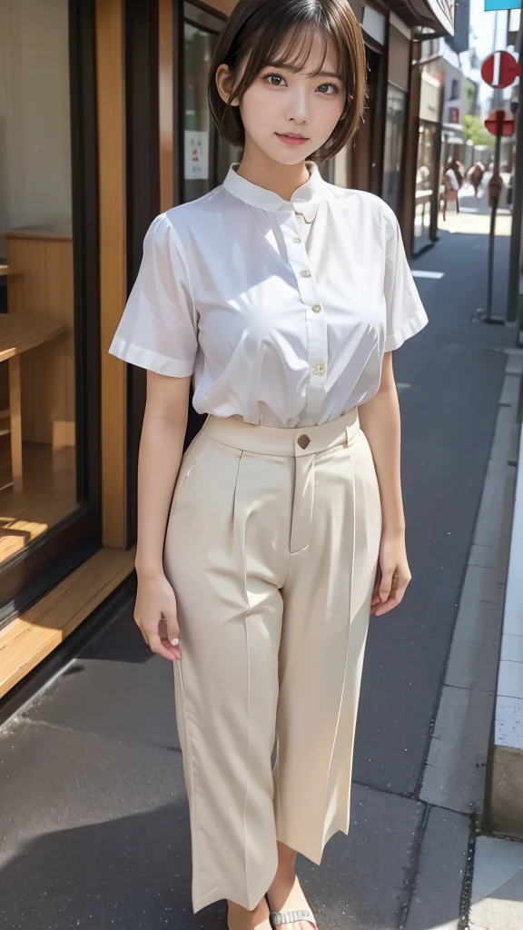 One girl, wearing white short sleeve blouse, wide pants, wide pants, short hair, 20-year-old Japanese, beautiful, cute face, pretty face, neat, serious face, 8-head body, height 165cm, weight 48kg, bust 83cm, waist 60cm, hips 82cm, Small breathts, Living in Hiroshima City, A college student aspiring to become a model, (((full body))), full face, Hondori Shopping Street in Hiroshima City
