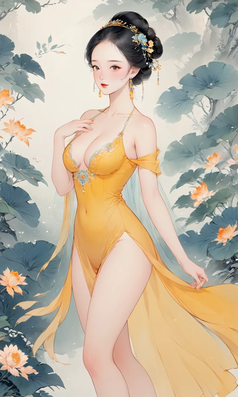8K, masterpiece, best quality, 2D, (Traditional Chinese ink painting:0.2), (1 Classic Beauty), Square face,(Perfect hands:1.4),(Extremely delicate face and skin), Beautiful face, Perfectly proportioned face,(Huge breasts: 1.2), ,Dancing in a short silk dress,Leaking out of long legs,A royal banquet in the background