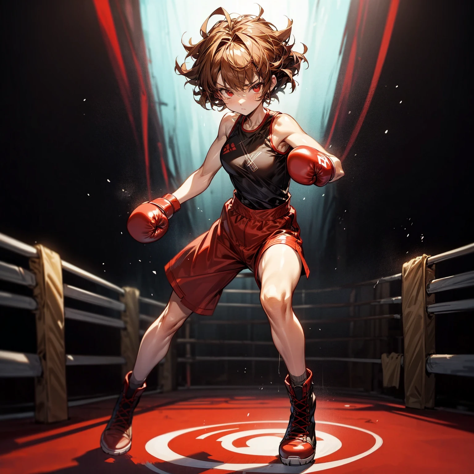 1girl, Full body version, 1character, red eyes, short Curly haircut, brown color hair, boxing style outfit, Boots, Grassroots, full background in ring boxing, motion blur, light, (Hunter x Hunter style art), battle gesture, Boxing gloves