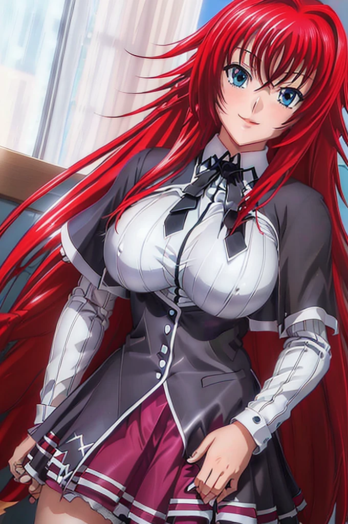 Rias_Gremory, black ribbon, white collared shirt, red pleated skirt, black capelet
(pikkyriasgremory, high school dxd, blue eyes, breasts, large breasts, long hair, very long hair, red hair, ahoge, huge ahoge, 18 years old, thurime) (standing, smilling, front point of view) (outfit: , skirt) ,KuohAcademyUniform, living room, curatins, window, dappled sunlight, sunset, sunset, sunset