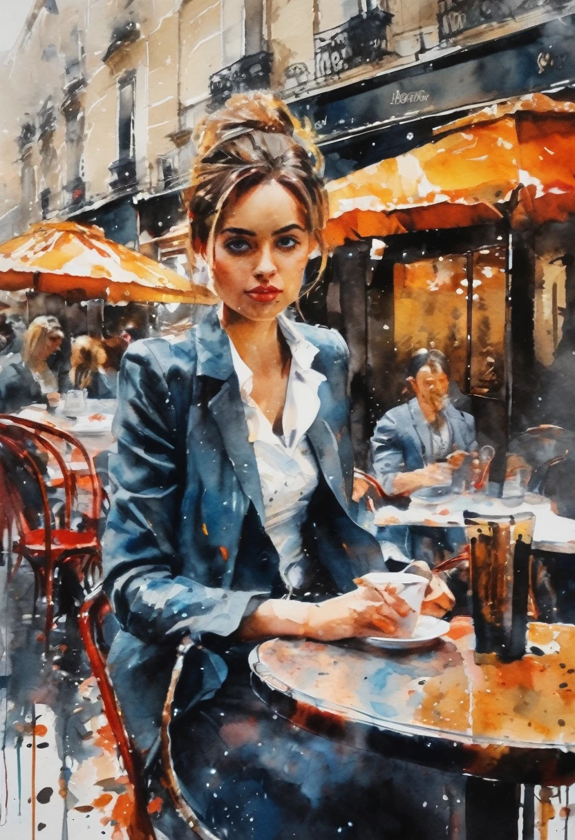 a stunningly beautiful young woman sitting in a Parisian street café, portrait by Willem Haenraets, watercolor, wet on wet and splattering techniques, centered, perfect composition, abstraction, surrealism, cleavage, sexy, thigh, short skirt