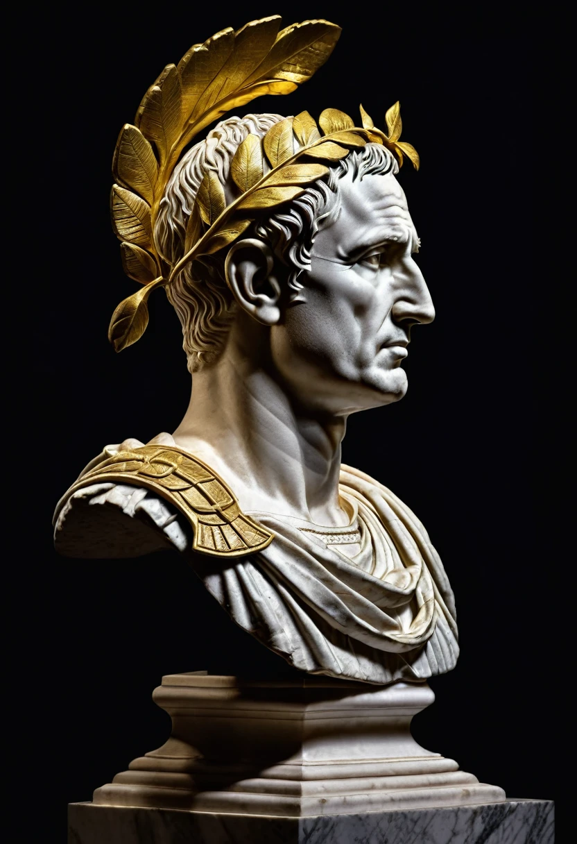 Side view of a Julius Caesar roman bust with a golden Laurel Wreath on top of it's head, highlighted with a spotlight and dark background