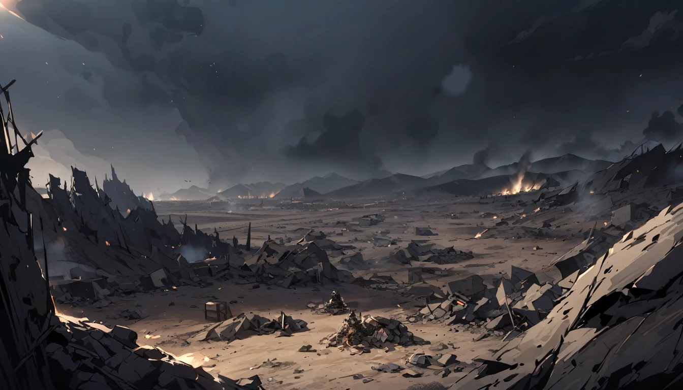 Terrorists, black balaclava, black clothes, after war, everything is destroyed, desert, night, dark atmosphere, apocalypse, dark, black colour