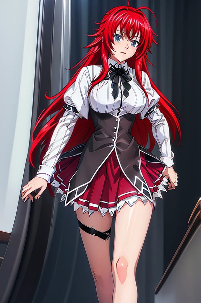 breas,Rias_Gremory, black ribbon, white collared shirt, red pleated skirt, black capelet,chichibukuro
