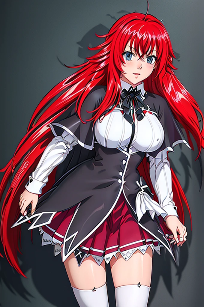 breas,Rias_Gremory, black ribbon, white collared shirt, red pleated skirt, black capelet,chichibukuro
