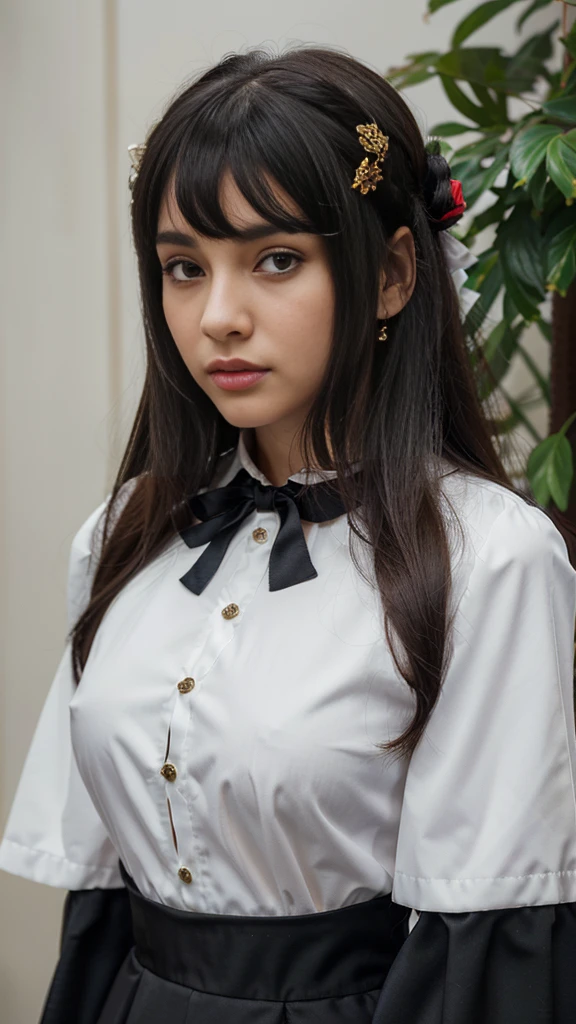 best quality, (photorealistic:1.2), 1girl, solo, detailed face, face focus, standing, black hair,(hair ornament:1.35),office lady, ribbon-trimmed sleeves, detached sleeves, ribbon trim, wide sleeves, (looking at viewer:1.5) long hair, black eyes, bangs, lips,