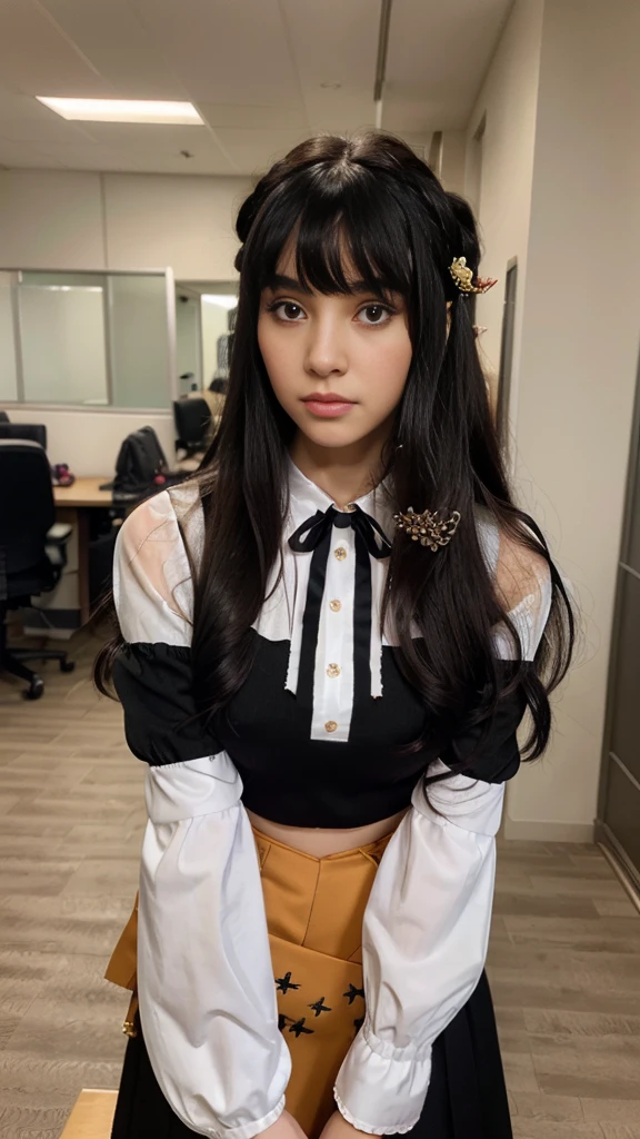 best quality, (photorealistic:1.2), 1girl, solo, detailed face, face focus, standing, black hair,(hair ornament:1.35),office lady, ribbon-trimmed sleeves, detached sleeves, ribbon trim, wide sleeves, (looking at viewer:1.5) long hair, black eyes, bangs, lips,