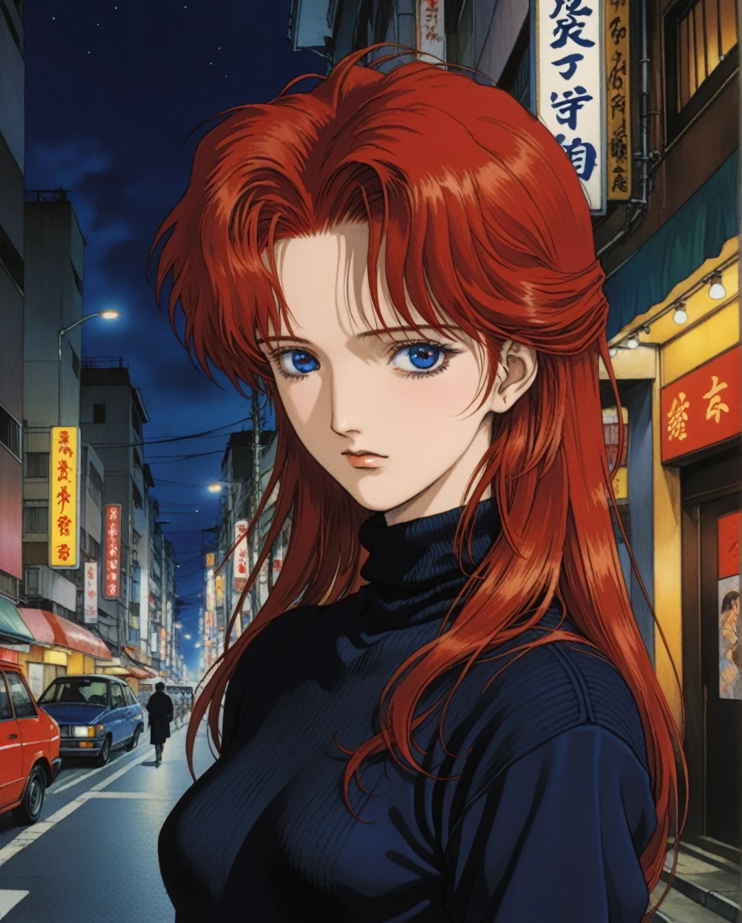 Art style by Yoshitaka Amano, Art style by Takato Yamamato, Art style by Ayami Kojima, (Masterpiece, Top Quality, Super Detail, High Resolution, Best Illustration), 1990s (style), 1980s (style), retro art style, Highest image quality, 90s style anime, 21 year old girl, Misato Katsuragi Style, red hair, long hair, blue eyes, black turtleneck sweater, 90s fashion, night street, 90s street