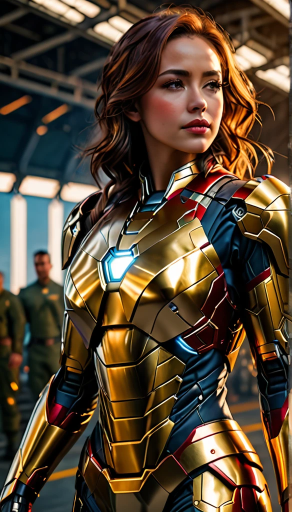 (dynamic lighting), (75mm), (realism), ((realistic:1)), (depth of field:1), (UHD), (32k))), (Mastepiece), (highres, high resolution), (Advanced facial details:1), ((shiny skin)), (photorealistic:1), (dslr), (soft lighting), (high quality), (clearly face:1.0), (full body shot), ((full body portrait:1.5)), (finely detailed face:1.0), (top quality), (Best Quality:1), (1girll:1.3)、offcial art、Unity 8k wallpaper、ultra - detailed、Beauty and aesthetics、(with revealing breasts), Fantastical Atmosphere、calm color palette、tranquil mood、soft shade,Bare lower body,Background with:aerodrome,Planes,Iron Man,((Wearing:Iron Man uniform,Armour,Gold wire embroidery)),
