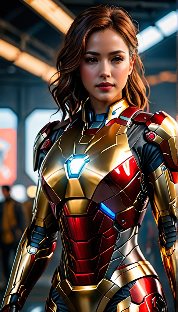 (dynamic lighting), (75mm), (realism), ((realistic:1)), (depth of field:1), (UHD), (32k))), (Mastepiece), (highres, high resolution), (Advanced facial details:1), ((shiny skin)), (photorealistic:1), (dslr), (soft lighting), (high quality), (clearly face:1.0), (full body shot), ((full body portrait:1.5)), (finely detailed face:1.0), (top quality), (Best Quality:1), (1girll:1.3)、offcial art、Unity 8k wallpaper、ultra - detailed、Beauty and aesthetics、(with revealing breasts), Fantastical Atmosphere、calm color palette、tranquil mood、soft shade,Bare lower body,Background with:aerodrome,Planes,Iron Man,((Wearing:Iron Man uniform,Armour,Gold wire embroidery)),