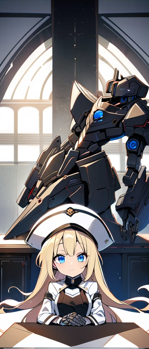 commander anime girl, white commander clothes, 18 years old, tall, medium length blonde hair, blue eyes, eye patch, a right mechanical arm, sitting at the head of a large and long covenant table, white commander hat, 8K