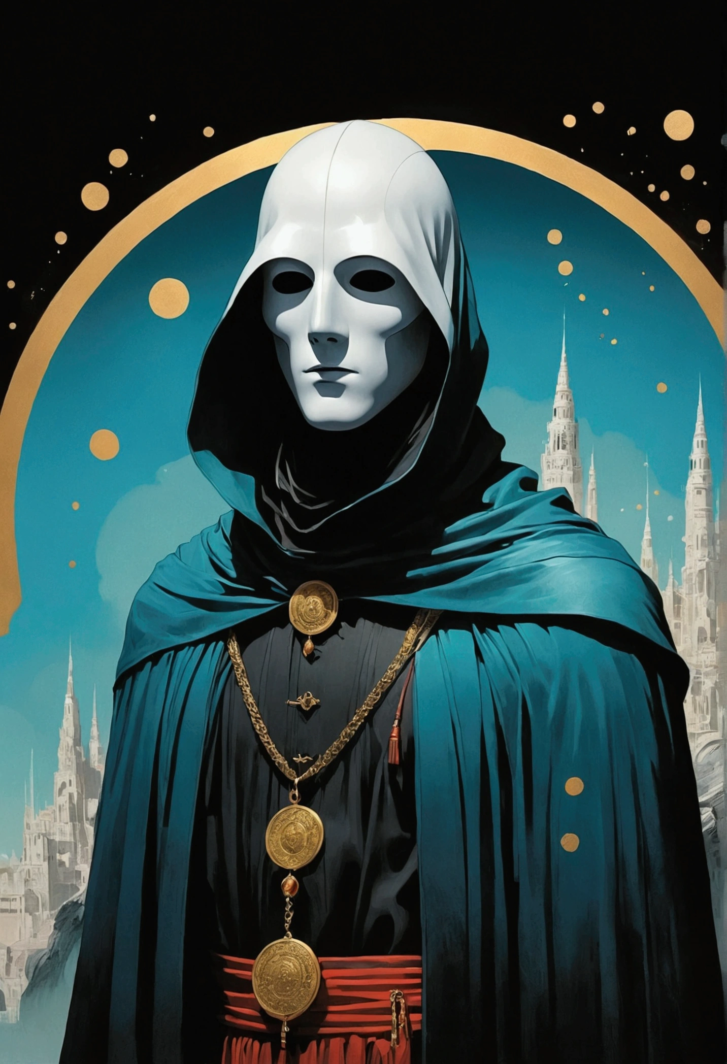 A man in a cloak、Fantasy portrait of a tall figure wearing a white mask, Traveler Azem, Desire to explore the end of the world,Discover its wonders,and help its inhabitants, author:Andy Kehoe, Gradient Masterpiece, Blue Cyan , rococopunk, Luminism, Seamless, ink, ink水气泡, Gold foil lines, 酒精ink水元素, curve, Movie, realism, Chiaroscuro, shadow play, Gold foil lines, 明亮的酒精ink水溅, Volumetric Light, Halo, Sunlight, Bright colors reflect, Isometric, The art of math, smoke, pollute, Toxic waste, Chimneys and railways, 3D Rendering, Octane Rendering, Volumetric method, author:Greg Rutkowski