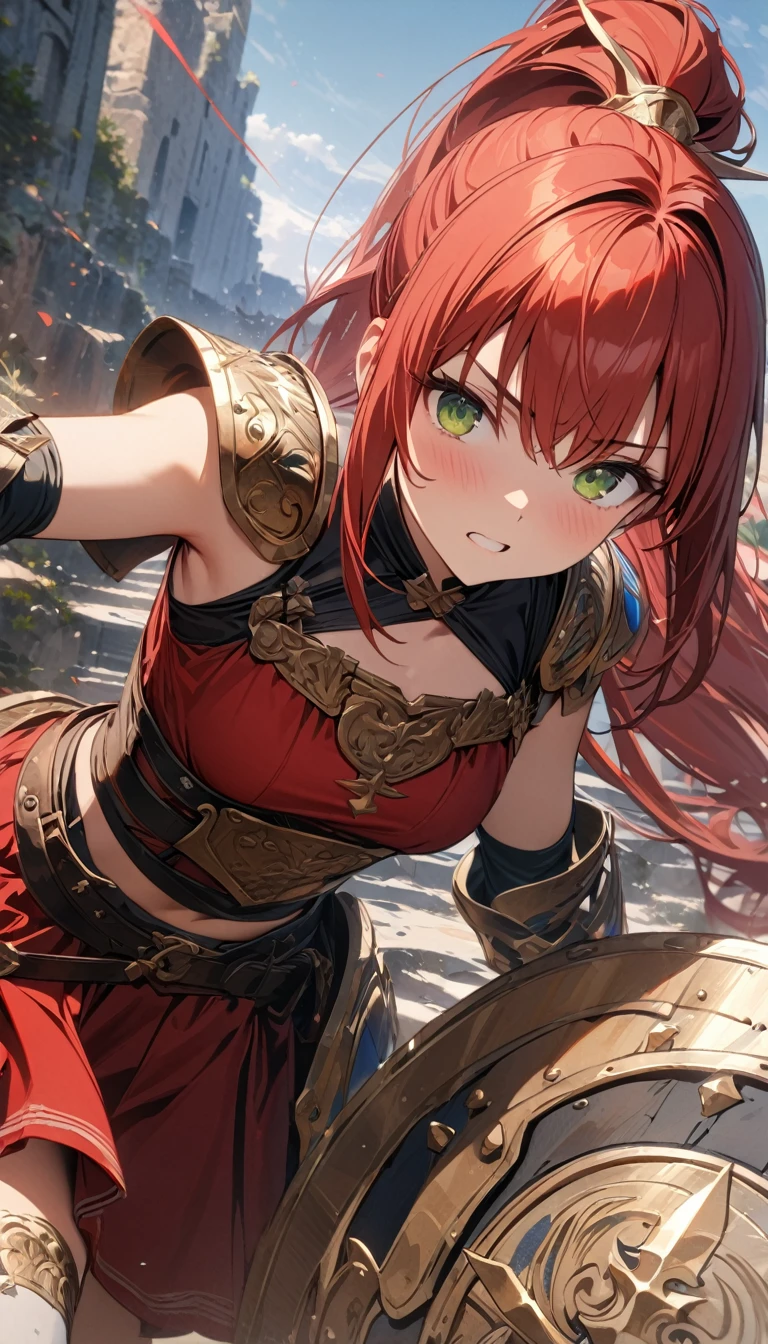 young girl, long red hair, high ponytail, green eyes, greece armor, sleeveless, red skirt, spear, shield, Masterpiece, best quality, Full HD, 8k, ultra details, great graphic