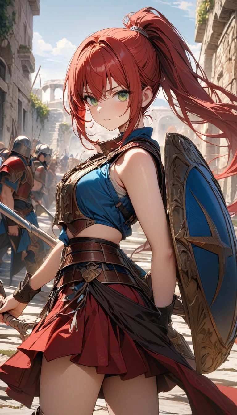 young girl, long red hair, high ponytail, green eyes, greece armor, sleeveless, red skirt, spear, shield, Masterpiece, best quality, Full HD, 8k, ultra details, great graphic