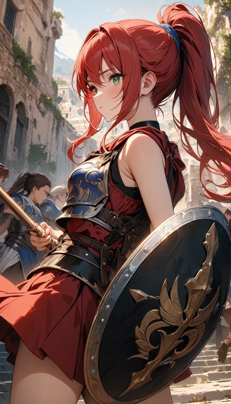 young girl, long red hair, high ponytail, green eyes, greece armor, sleeveless, red skirt, spear, shield, Masterpiece, best quality, Full HD, 8k, ultra details, great graphic