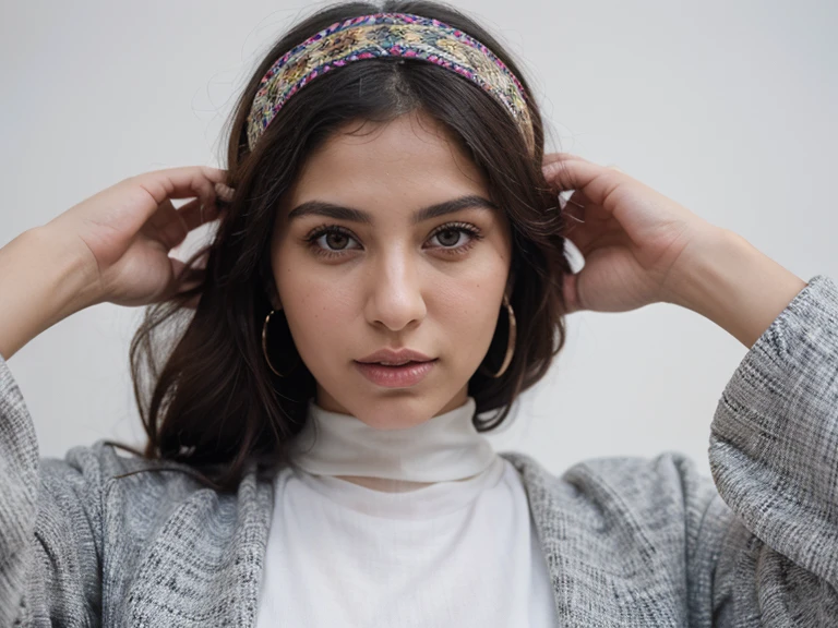 ((best quality)), ((masterpiece)), (detailed), Create a fashion-forward photo of an Arab woman in a hijab, showcasing modern and stylish clothing. Experiment with bold colors, patterns, and accessories, capturing her as a trendsetter in contemporary hijab fashion, white background