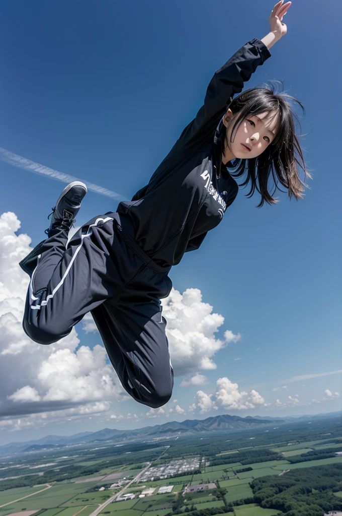 a young Japanese girl in dark clothes , who is jumping from a moving plane 