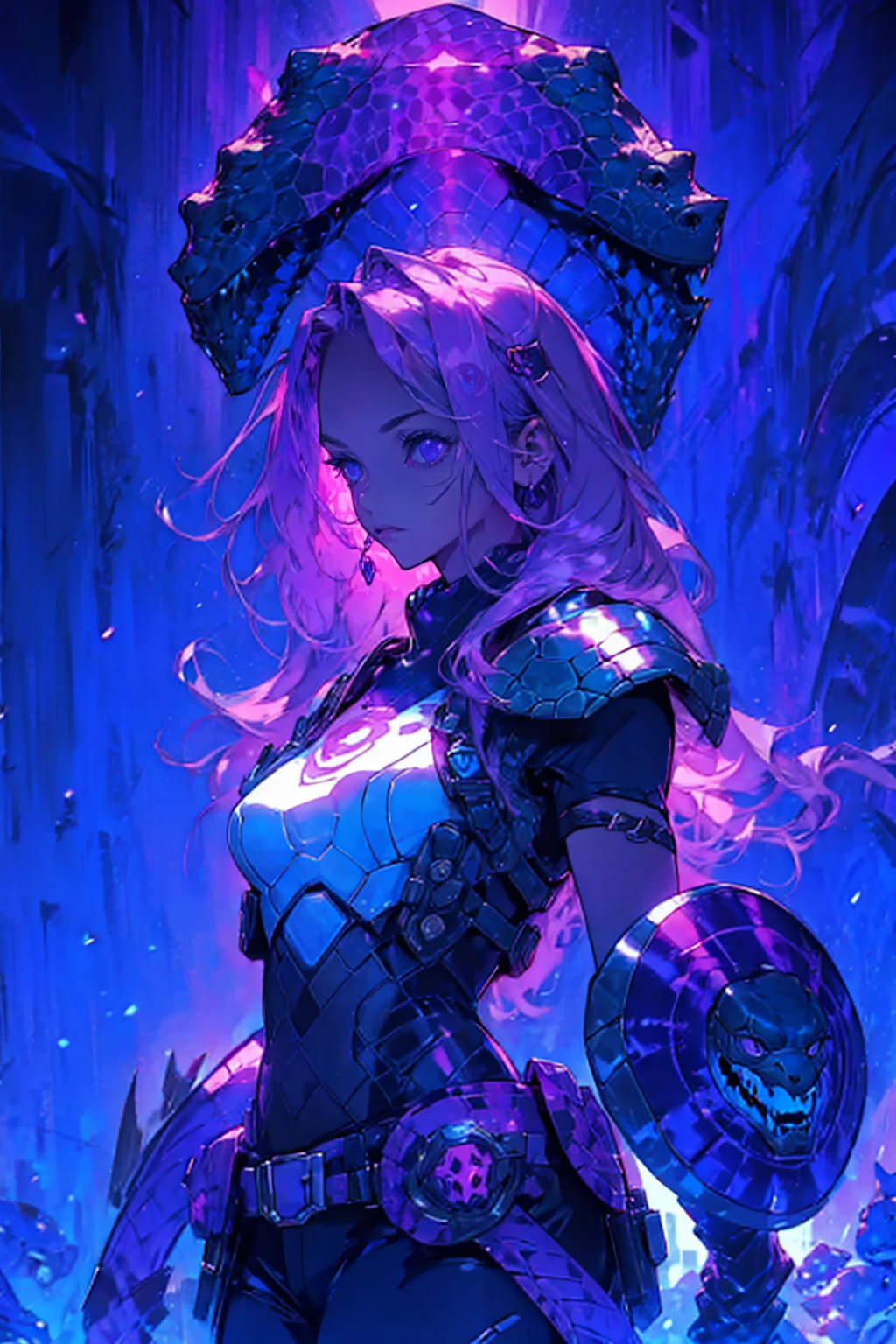 1girl,solo,cool,she has a shield,shield like a turtle shell,she is medusa,snake,dark,darkness,purple aura