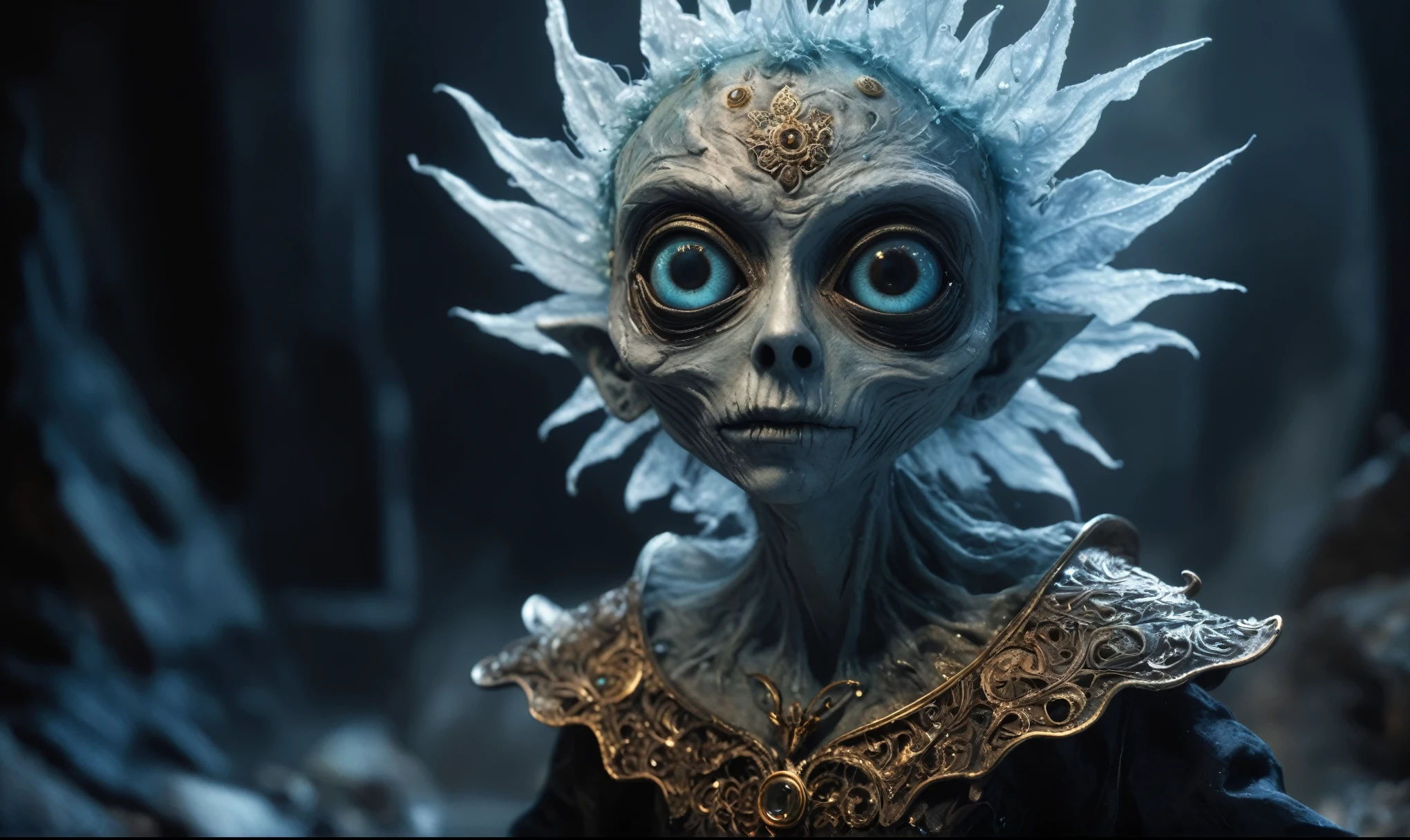 Magical plant ghost flower, ghost flower,carismatic，Incredible，terror ,extremely detailed,intricate details,big eyes extremely detailed, high detailed eyes,16k resolution, realistic humid skin,extremely intricate details,Epic Realistic,face anatomically correct,Ultra HD,HDR, natural skin textures, hyper realism,realistic skin texture, hyper detailed,extremely Realism,Ultra Detailed,body logically correct,full body length shot,beggar graphite Manganite sparas, wants eat,survival in criminal city of future,Cinematic,soft colors, Technicolor,natural skin textures, hyper realism, hyper detailed,Extremely detailed,High contrast,Masterpiece,Realistic,Ultra Detailed, intricate details,realistic humid leather,extremly intricate,Epic Realistic, cinematic style,irina yermolova,high contrast,hdr,extremely detailed, [deep night landscape],masterpiece,intricate details,faded,eyes extremely detailed, high detailed eyes,16k resolution,RAW,retina, Nikon Z9,Songbird,orc,Guangxi Zhuang of China,tkt style, Pisces,perfect, ginger，transition between two art styles, Ink painting to photorealism, Double contact, X-ray, Creative, vivid light, masterpiece, fantasy, Abstract, Surrealism, super detailed, high resolution, stop:35,(((creature with a spectral and ghostly appearance)). Her skin is pale, almost translucent.wears dark, torn clothes that float around him, as if permeated by an aura of mourning. Its appearance is complemented by details such symbols of gothic elements, further emphasizing its dark air. is haunted and tormented entity,pixar movie still,Silver-gold long hair with bangs、Aquamarine Eyes,matte silver sequined dress,Mestichino,Light particles,chaos