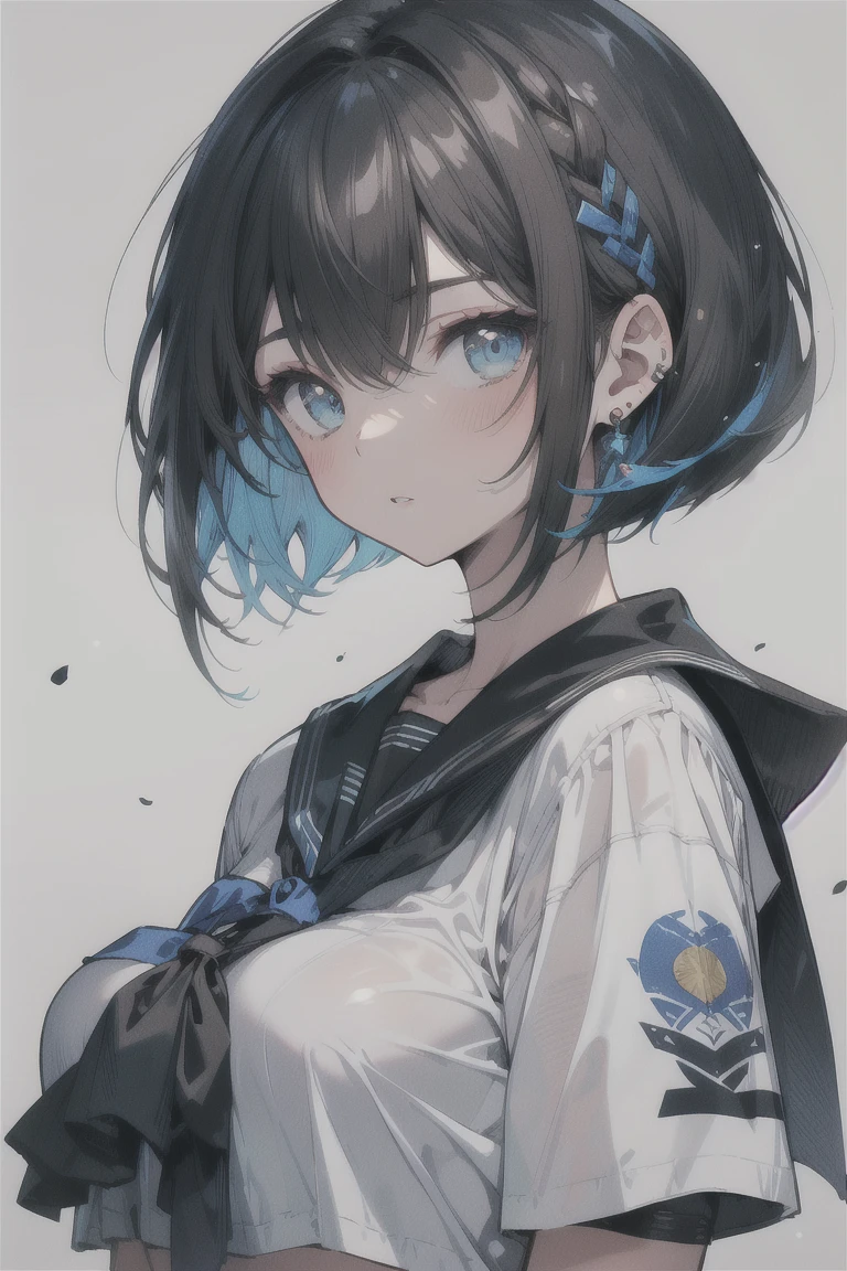 (best quality), (Super detailed), (Best Illustration), (masterpiece), score_9, score_8_up, score_7_up, (4k), (1woman), (white serafuku), (large breasts), {brown hair, (sideburns), (bob cut:1.3), curly hair, hairs between eyes, colored inner hair}, blue eyes, parted lips, expressionless, blush, earring,