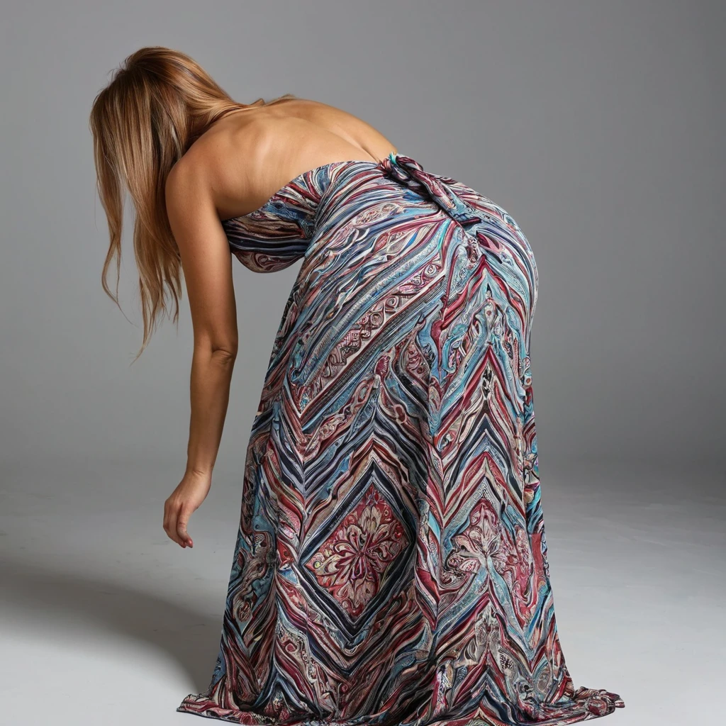 woman bending over in a maxi dress, top rear view angle